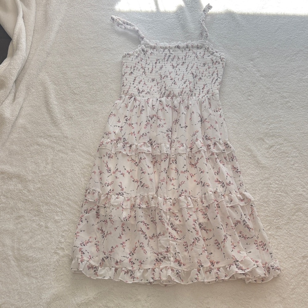 Smocked Floral Tiered Sundress in Soft Cream and Pink